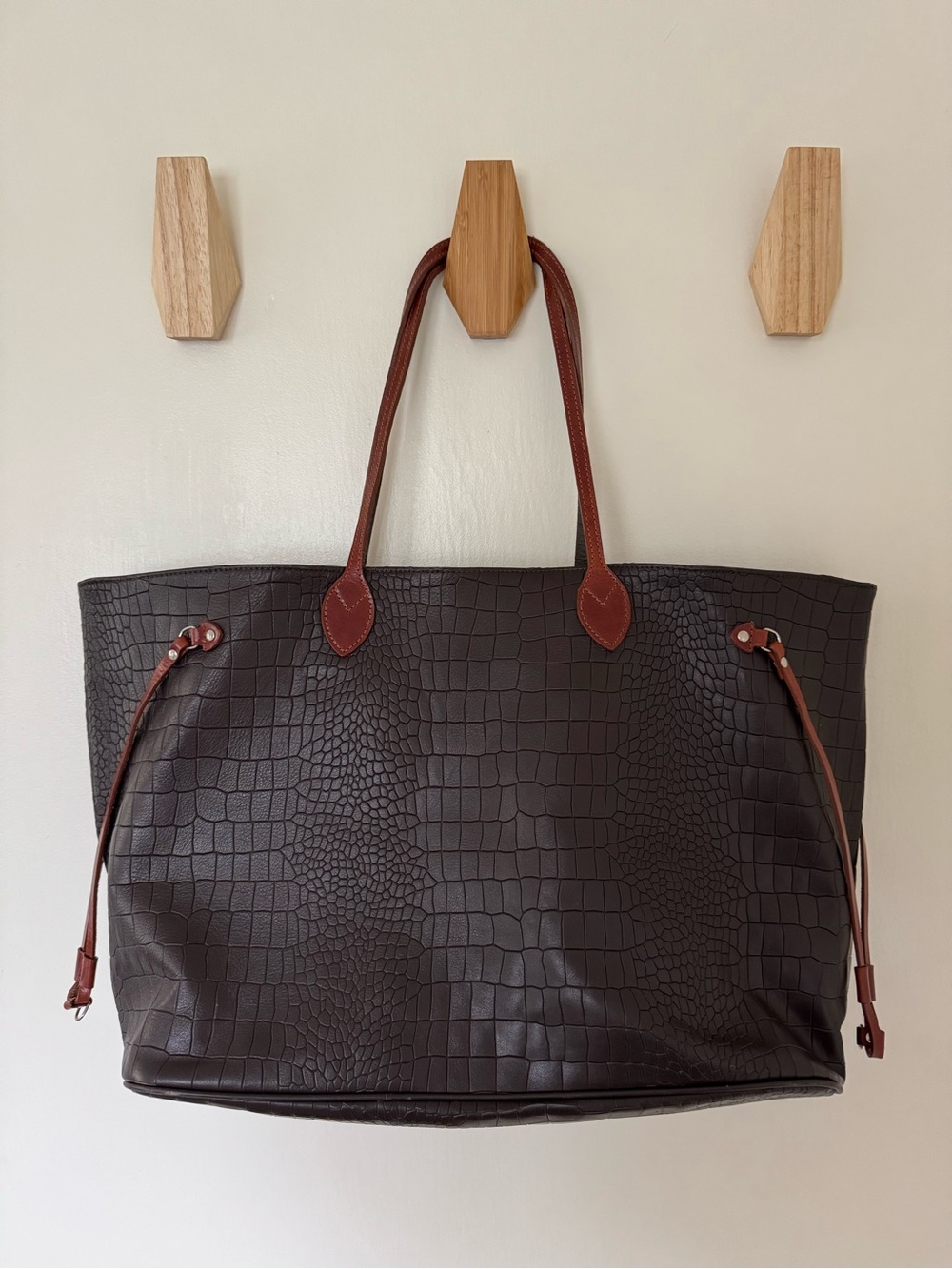Croc-Embossed Dark Brown Tote with Chestnut Handles